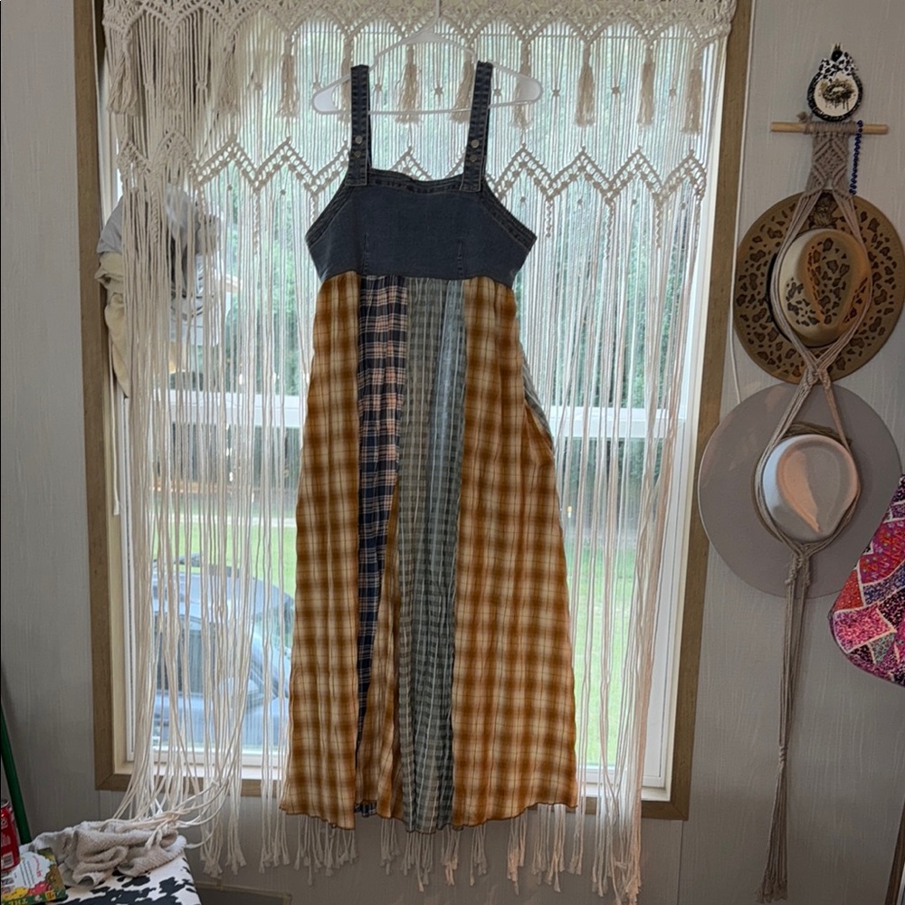 Denim Bodice Plaid Patchwork Midi Dress